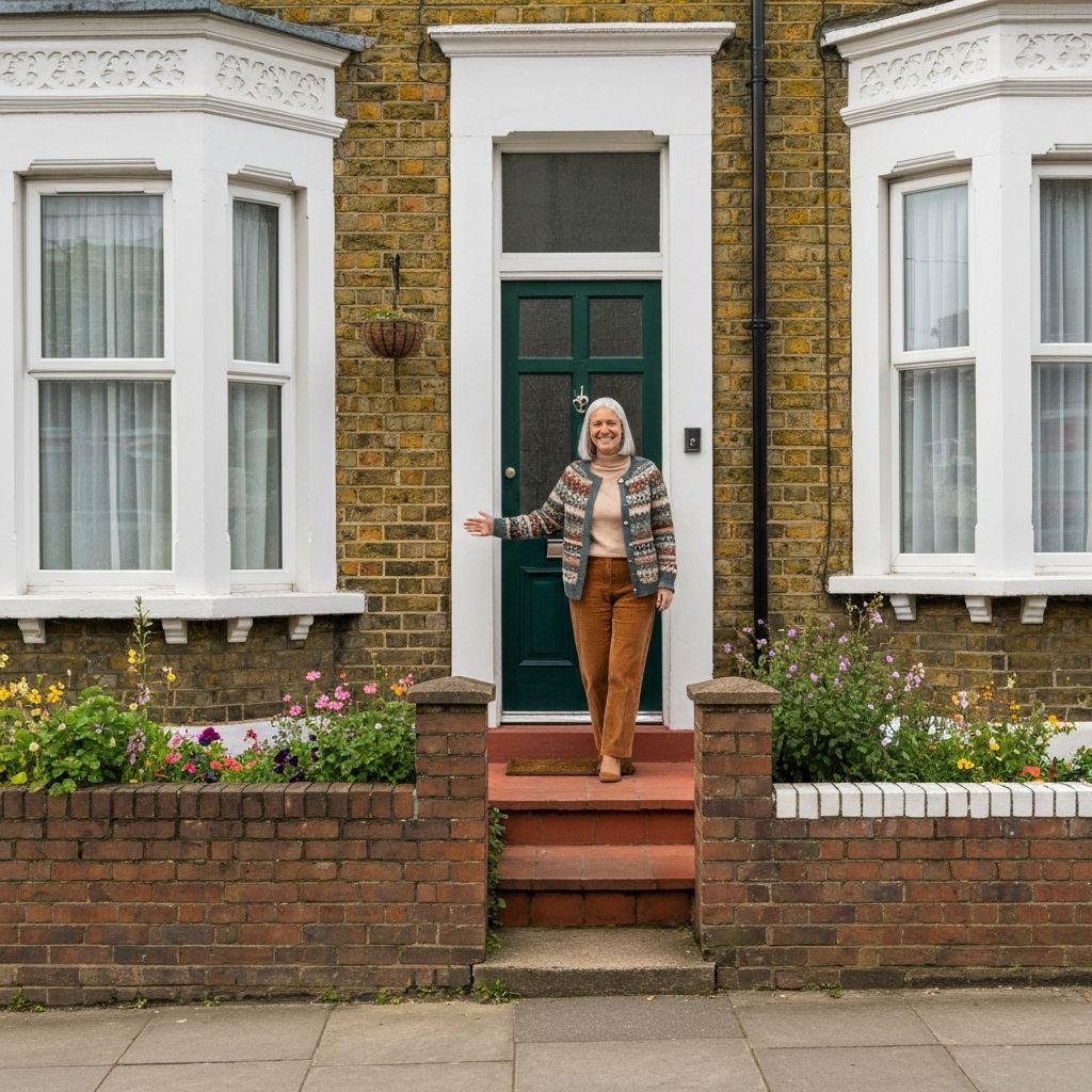 Older homeowner opening the door of a British terraced house to welcome a young professional lodger